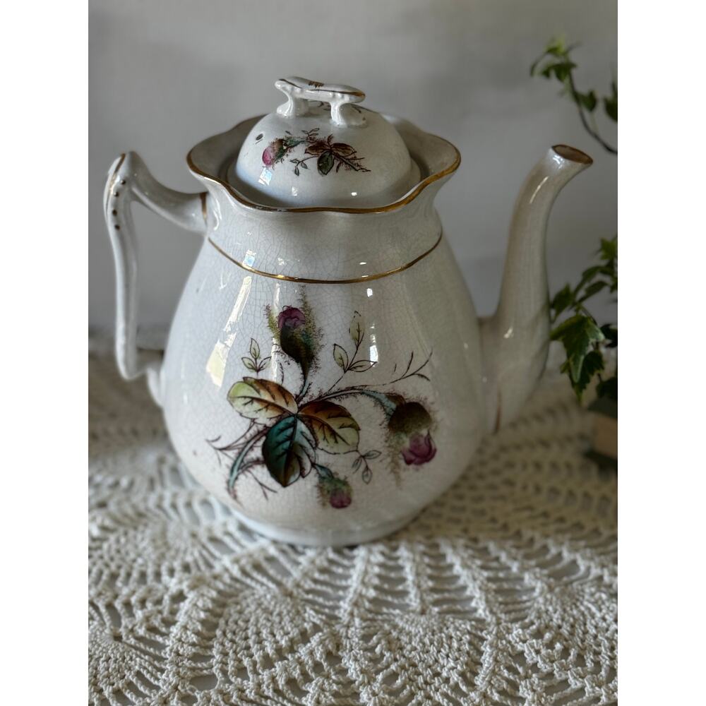Vintage French Floral Pitcher Crackle Glaze Gold Trim Country Farmhouse Decor